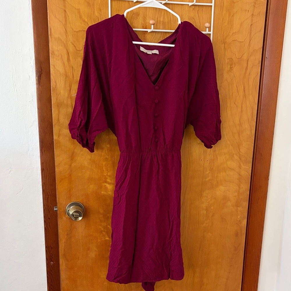 LOFT Burgundy V-Neck Button-Front Midi Dress